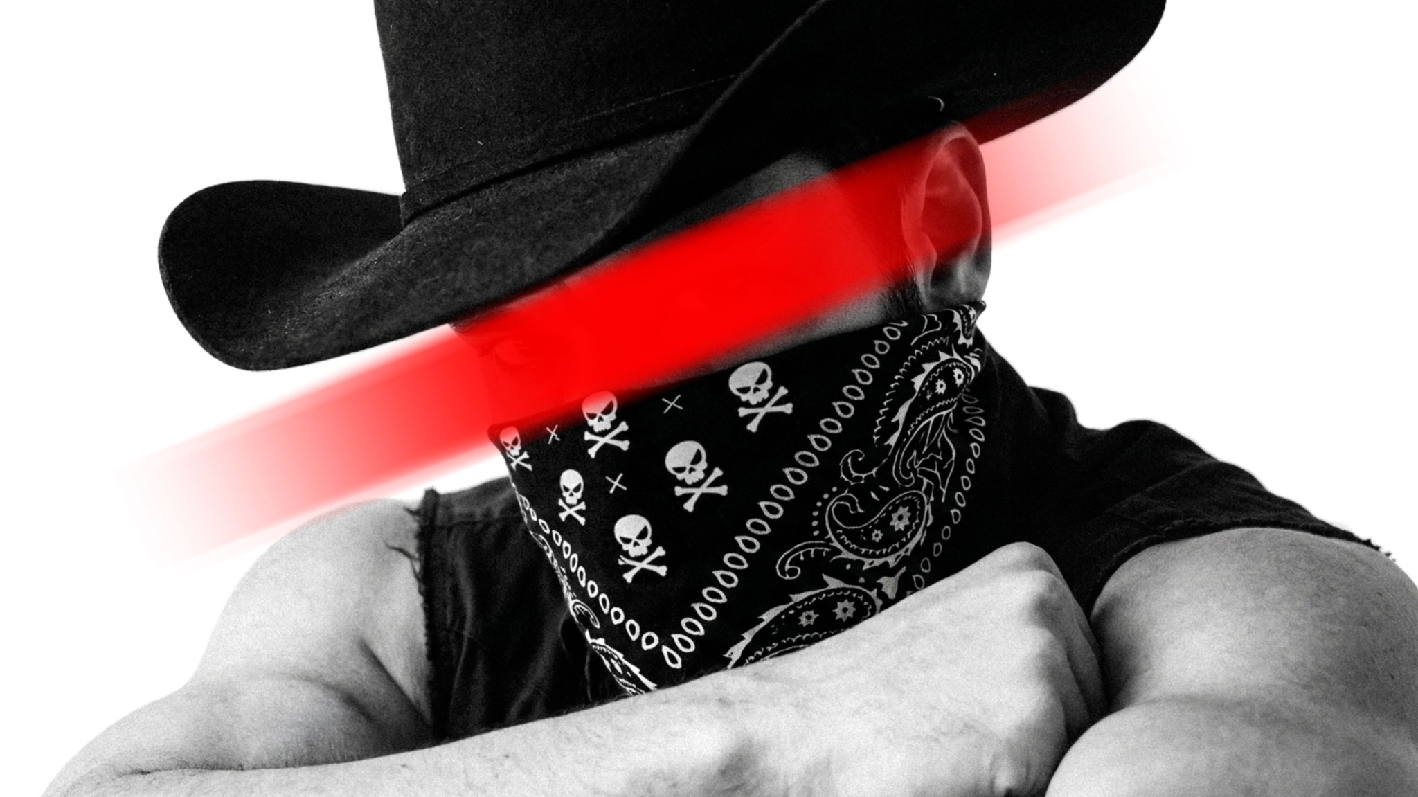 Black and white cowboy portrait crossed by an original vivid red stripe