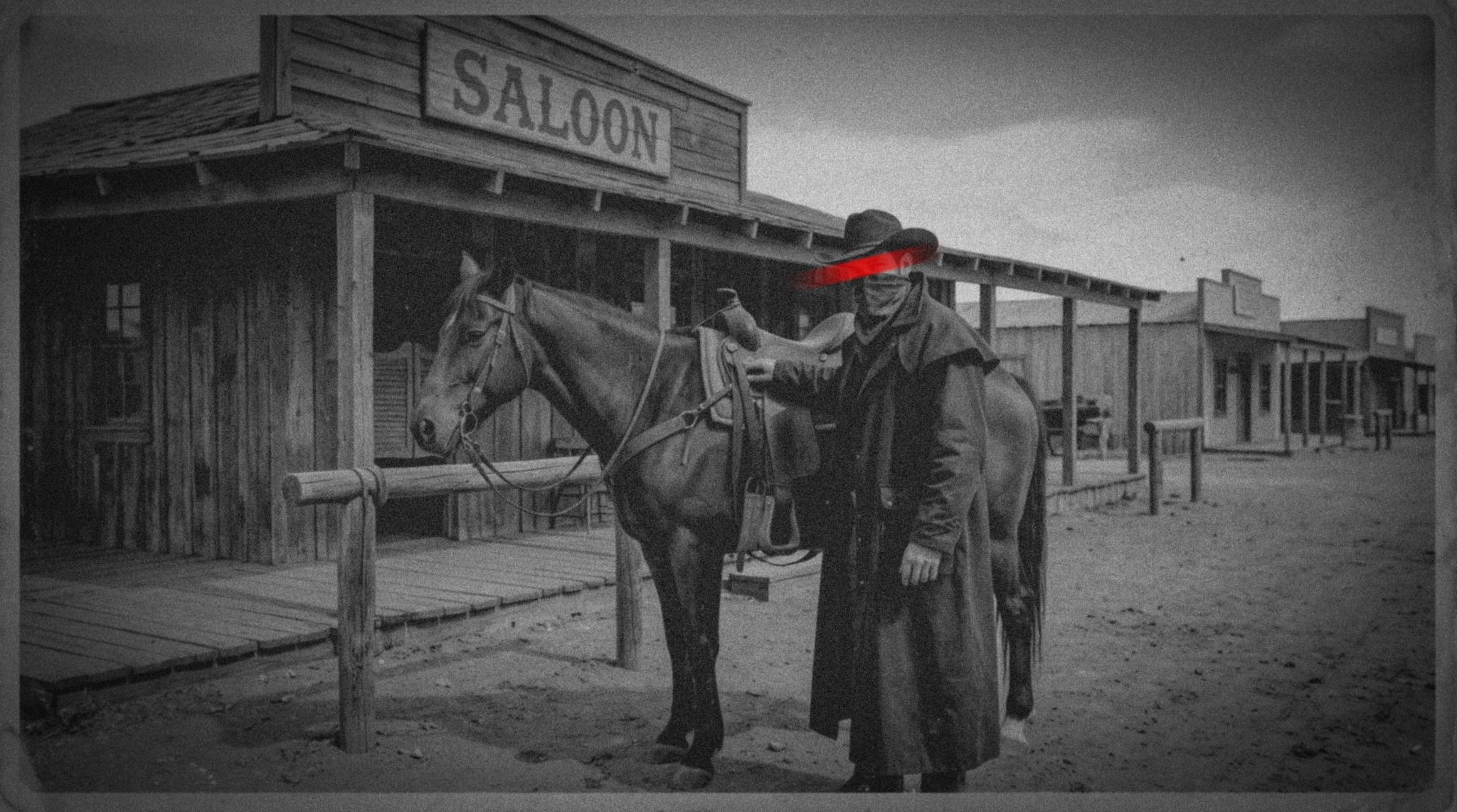 Outlaw with a horse outside an old saloon